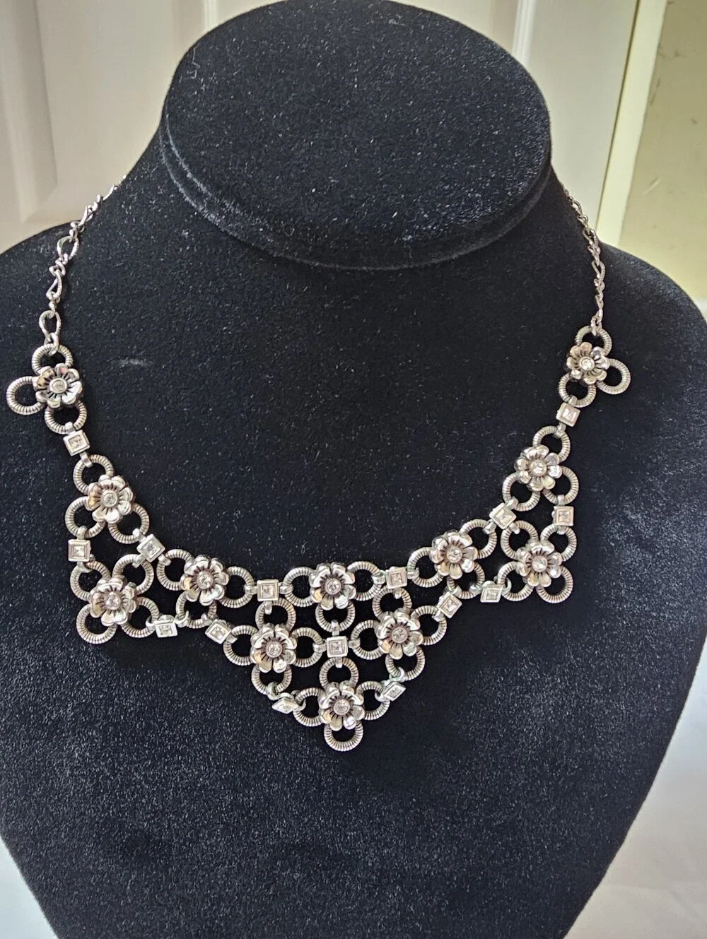 Brighton Joan of Arc Flower Crystal Bib Statement Necklace Silver Tone